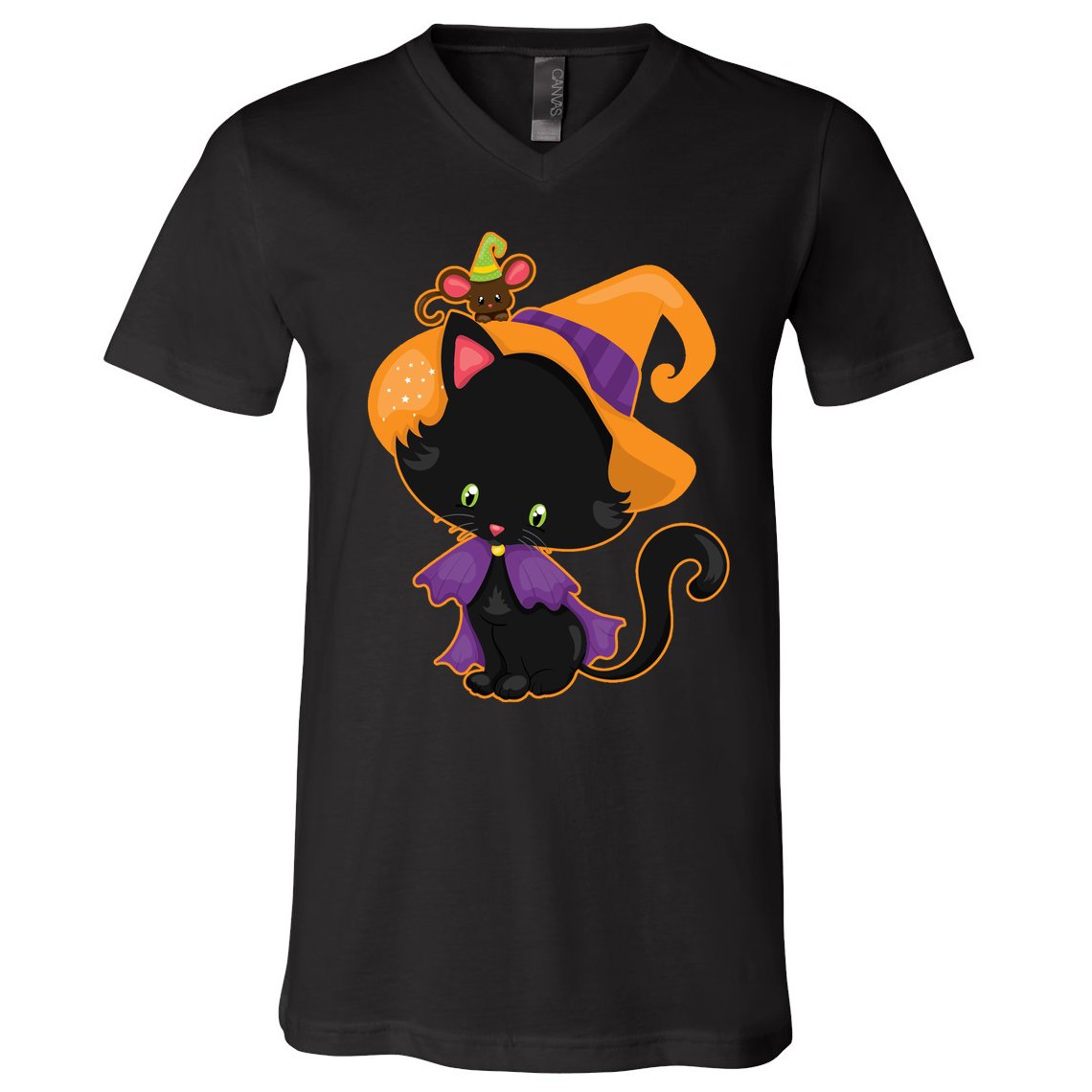 Cute Cat And Mouse Halloween Witch V-Neck T-Shirt