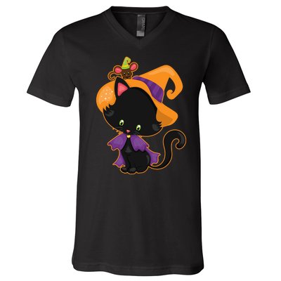 Cute Cat And Mouse Halloween Witch V-Neck T-Shirt