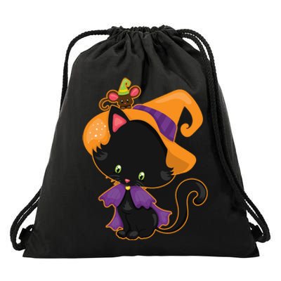 Cute Cat And Mouse Halloween Witch Drawstring Bag