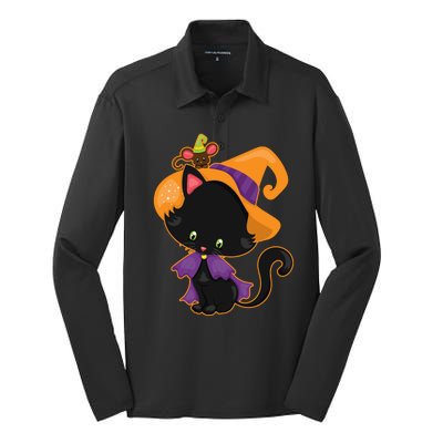 Cute Cat And Mouse Halloween Witch Silk Touch Performance Long Sleeve Polo