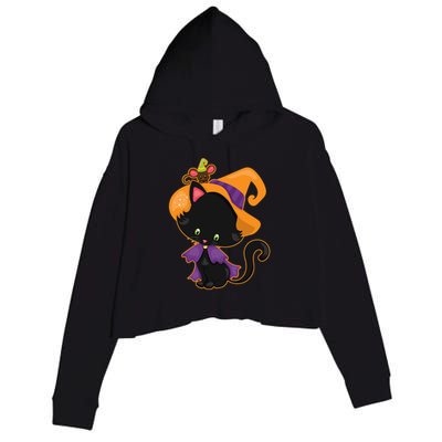Cute Cat And Mouse Halloween Witch Crop Fleece Hoodie
