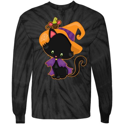 Cute Cat And Mouse Halloween Witch Tie-Dye Long Sleeve Shirt