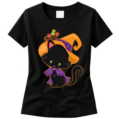 Cute Cat And Mouse Halloween Witch Womens T-Shirt