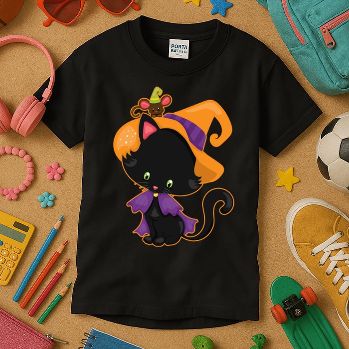 Cute Cat And Mouse Halloween Witch Kids T-Shirt