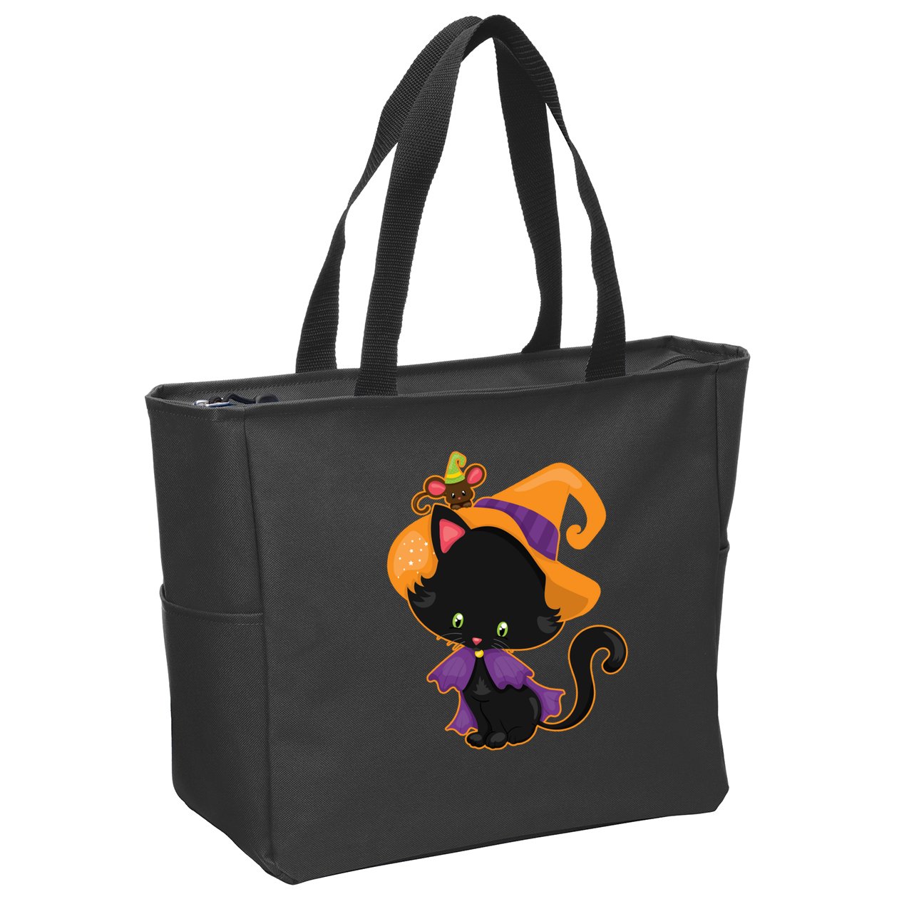 Cute Cat And Mouse Halloween Witch Zip Tote Bag