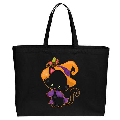 Cute Cat And Mouse Halloween Witch Cotton Canvas Jumbo Tote