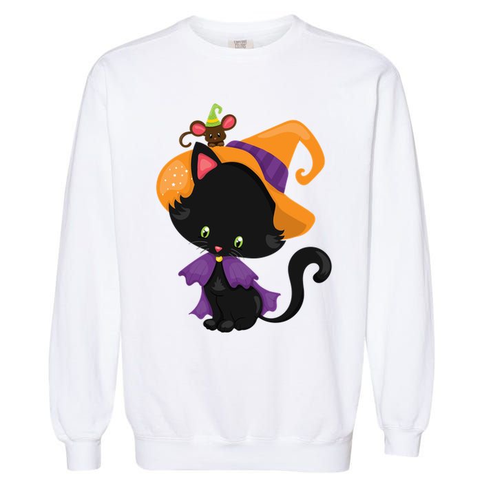 Cute Cat And Mouse Halloween Witch Garment-Dyed Sweatshirt