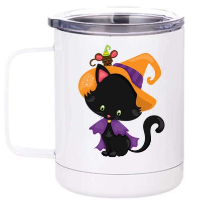 Cute Cat And Mouse Halloween Witch 12 oz Stainless Steel Tumbler Cup