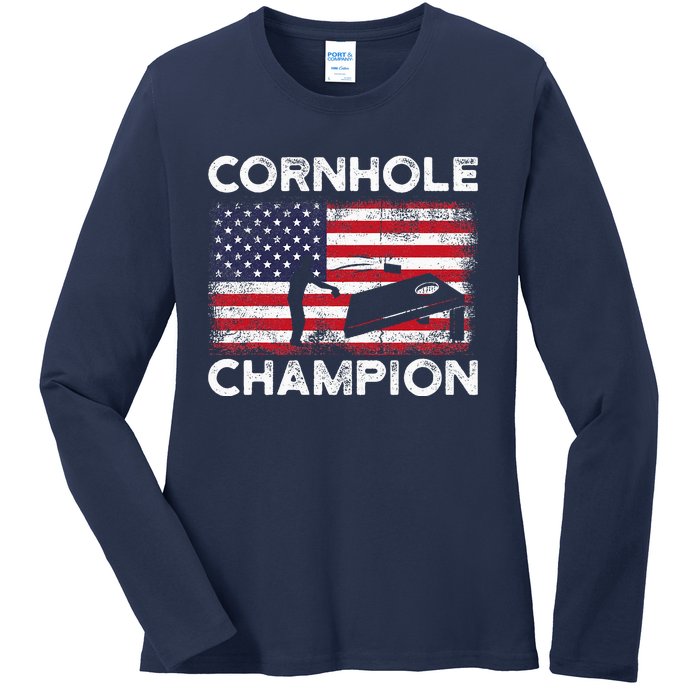 Cornhole Champion American Flag USA July 4th Cornhole Ladies Long Sleeve Shirt