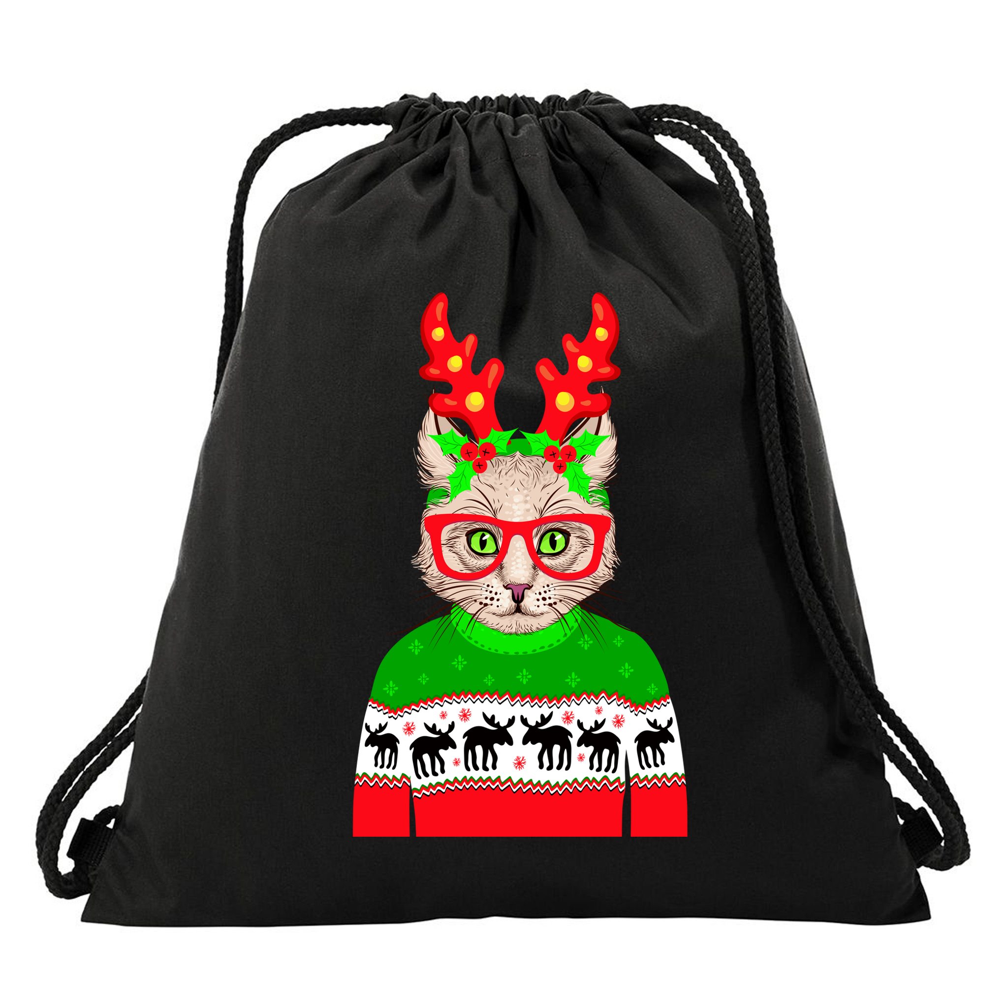 Funny Hipster Christmas Party Cat Drawstring Bag