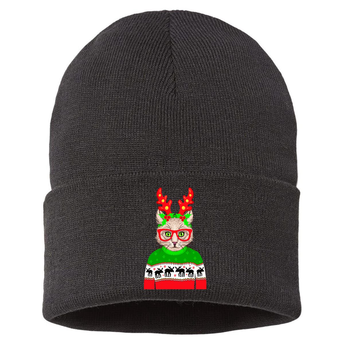 Funny Hipster Christmas Party Cat Sustainable Knit Beanie