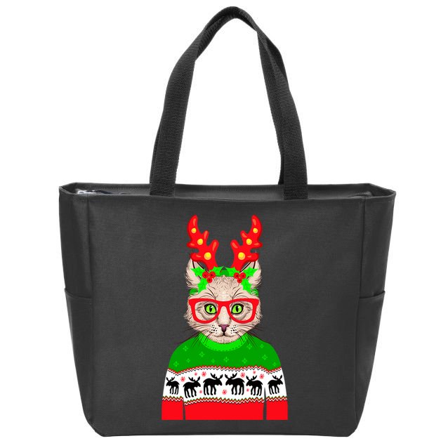 Funny Hipster Christmas Party Cat Zip Tote Bag