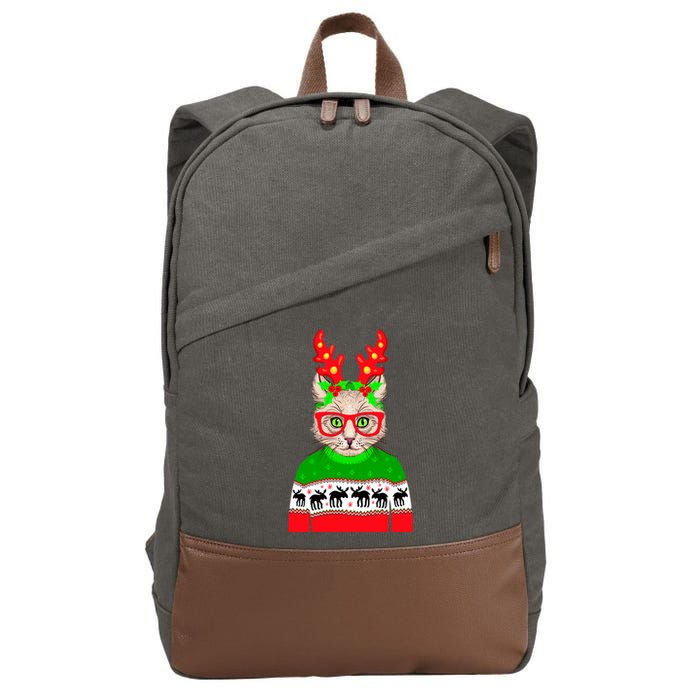 Funny Hipster Christmas Party Cat Cotton Canvas Backpack
