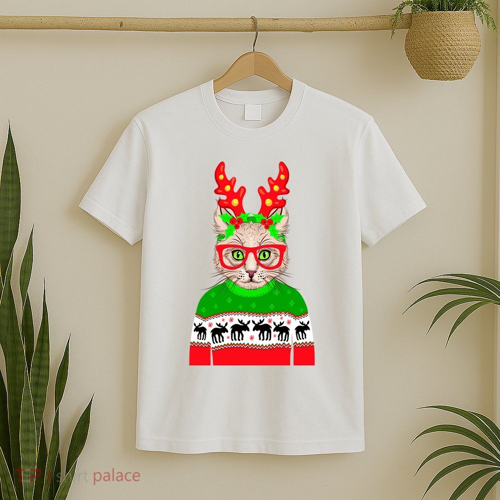 Funny Hipster Christmas Party Cat T-Shirt