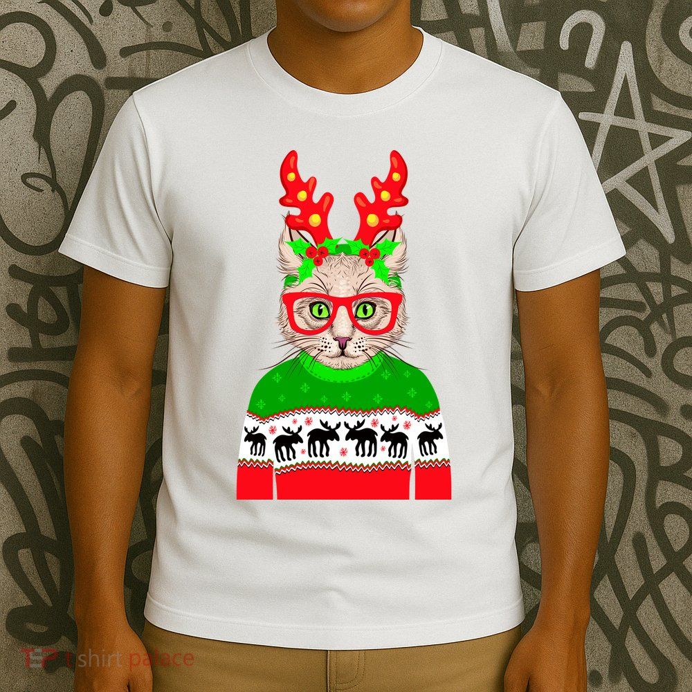 Funny Hipster Christmas Party Cat T-Shirt