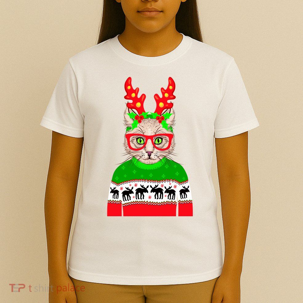 Funny Hipster Christmas Party Cat T-Shirt