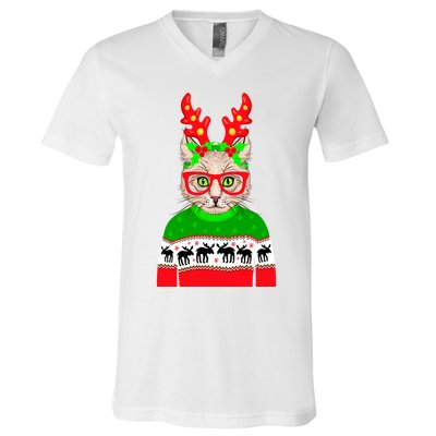 Funny Hipster Christmas Party Cat V-Neck T-Shirt