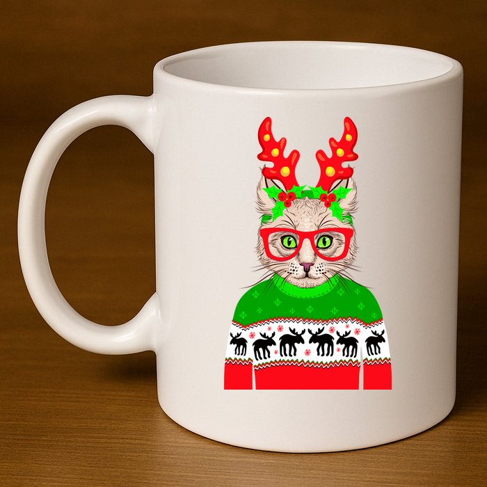 Funny Hipster Christmas Party Cat 11oz C Handle Ceramic Mug
