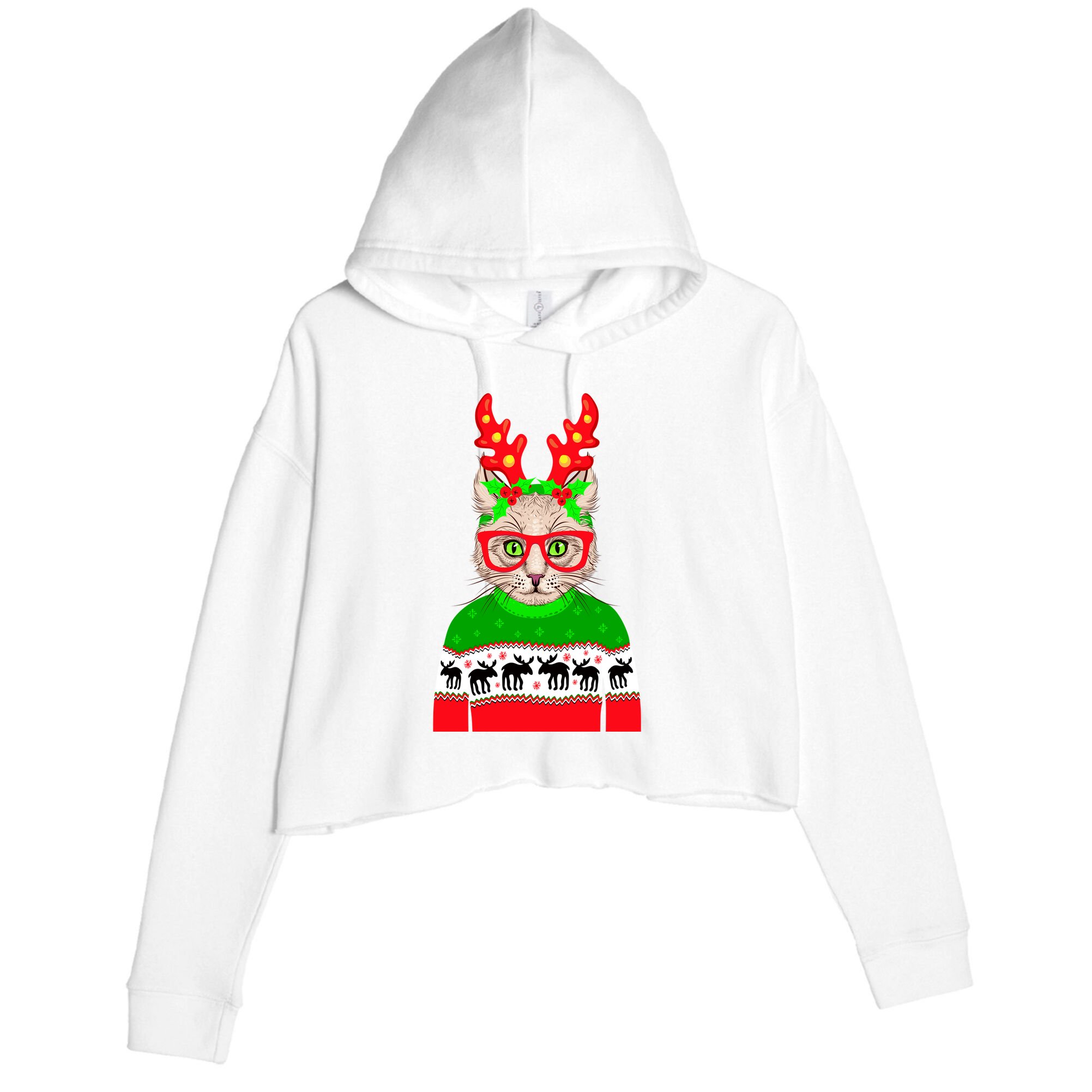 Funny Hipster Christmas Party Cat Crop Fleece Hoodie