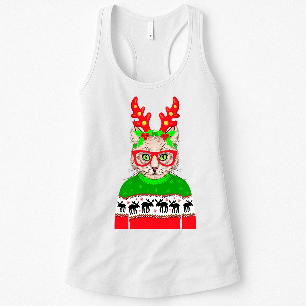 Funny Hipster Christmas Party Cat Womens Tank Top