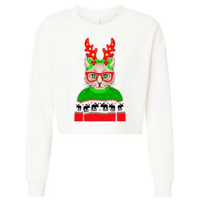 Funny Hipster Christmas Party Cat Cropped Pullover Crew