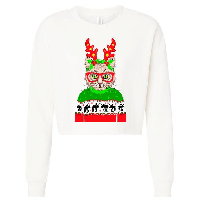 Funny Hipster Christmas Party Cat Cropped Pullover Crew