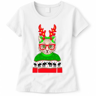Funny Hipster Christmas Party Cat Womens T-Shirt