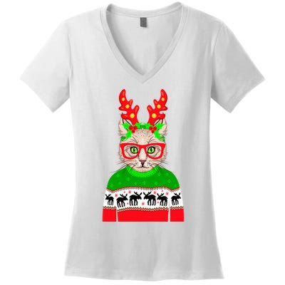 Funny Hipster Christmas Party Cat Women's V-Neck T-Shirt
