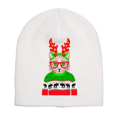 Funny Hipster Christmas Party Cat Short Acrylic Beanie