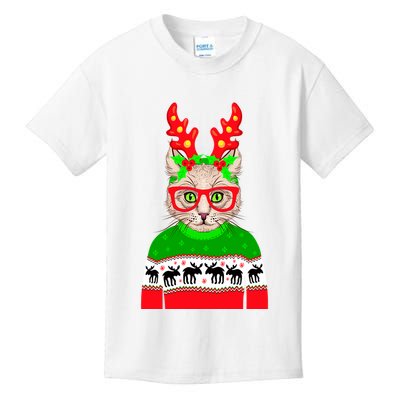 Funny Hipster Christmas Party Cat Kids T-Shirt