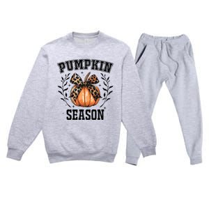 Cute Coquette Bows Pumpkin Season Happy Autumn Fall Leopard Premium Crewneck Sweatsuit Set