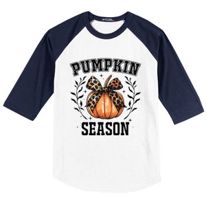 Cute Coquette Bows Pumpkin Season Happy Autumn Fall Leopard Baseball Sleeve Shirt