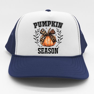 Cute Coquette Bows Pumpkin Season Happy Autumn Fall Leopard Trucker Hat