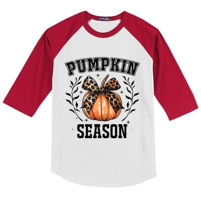 Cute Coquette Bows Pumpkin Season Happy Autumn Fall Leopard Kids Colorblock Raglan Jersey