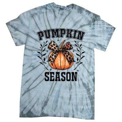 Cute Coquette Bows Pumpkin Season Happy Autumn Fall Leopard Tie-Dye T-Shirt