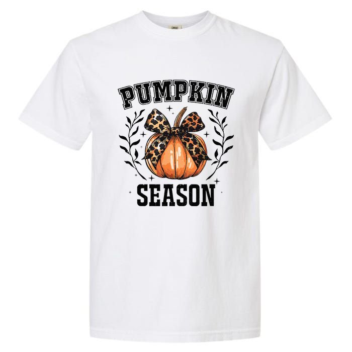 Cute Coquette Bows Pumpkin Season Happy Autumn Fall Leopard Garment-Dyed Heavyweight T-Shirt