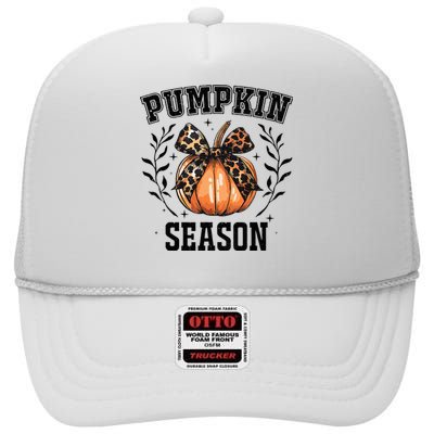 Cute Coquette Bows Pumpkin Season Happy Autumn Fall Leopard High Crown Mesh Back Trucker Hat