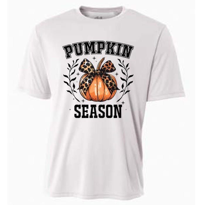 Cute Coquette Bows Pumpkin Season Happy Autumn Fall Leopard Cooling Performance Crew T-Shirt