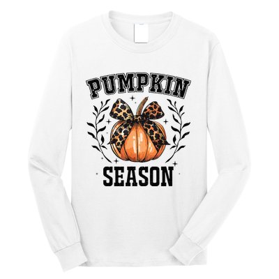 Cute Coquette Bows Pumpkin Season Happy Autumn Fall Leopard Long Sleeve Shirt