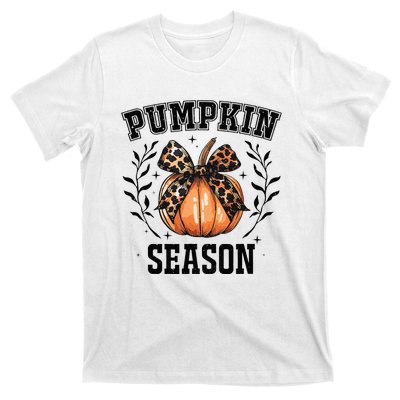 Cute Coquette Bows Pumpkin Season Happy Autumn Fall Leopard T-Shirt