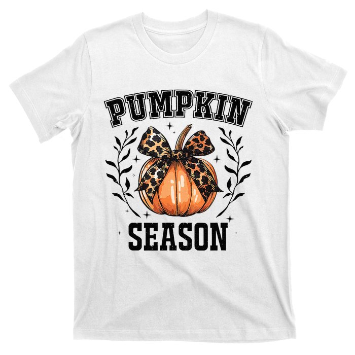 Cute Coquette Bows Pumpkin Season Happy Autumn Fall Leopard T-Shirt