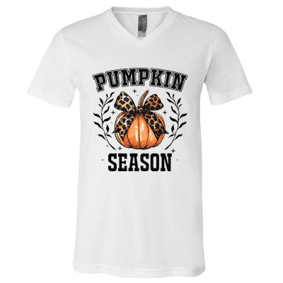 Cute Coquette Bows Pumpkin Season Happy Autumn Fall Leopard V-Neck T-Shirt