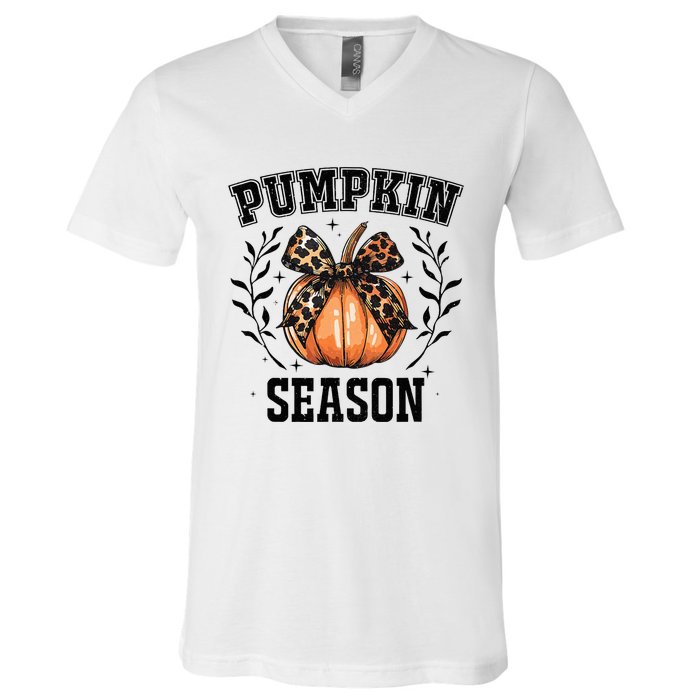 Cute Coquette Bows Pumpkin Season Happy Autumn Fall Leopard V-Neck T-Shirt