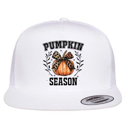 Cute Coquette Bows Pumpkin Season Happy Autumn Fall Leopard Flat Bill Trucker Hat