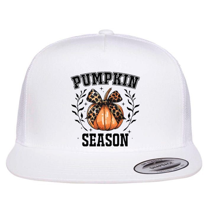 Cute Coquette Bows Pumpkin Season Happy Autumn Fall Leopard Flat Bill Trucker Hat