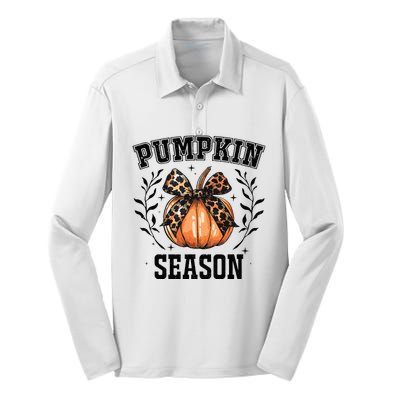 Cute Coquette Bows Pumpkin Season Happy Autumn Fall Leopard Silk Touch Performance Long Sleeve Polo