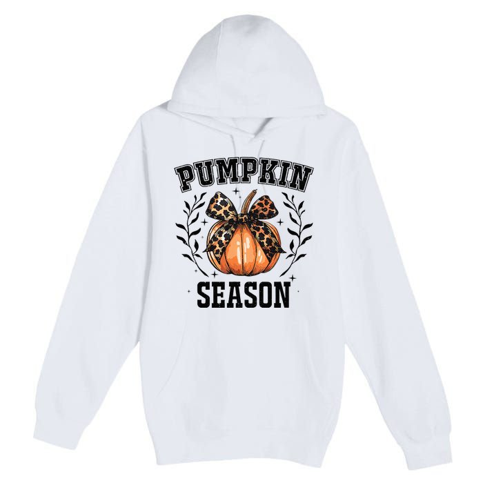 Cute Coquette Bows Pumpkin Season Happy Autumn Fall Leopard Premium Pullover Hoodie