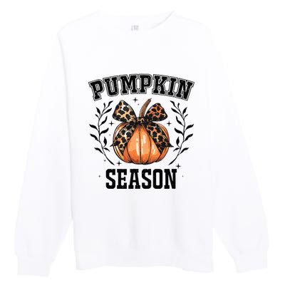 Cute Coquette Bows Pumpkin Season Happy Autumn Fall Leopard Premium Crewneck Sweatshirt