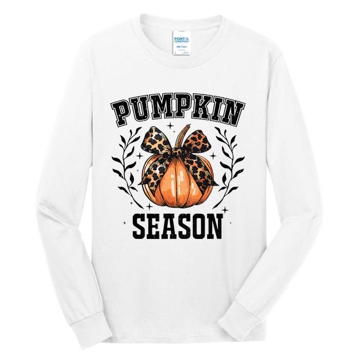 Cute Coquette Bows Pumpkin Season Happy Autumn Fall Leopard Tall Long Sleeve T-Shirt