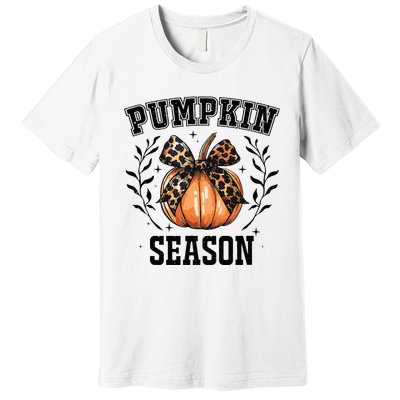 Cute Coquette Bows Pumpkin Season Happy Autumn Fall Leopard Premium T-Shirt